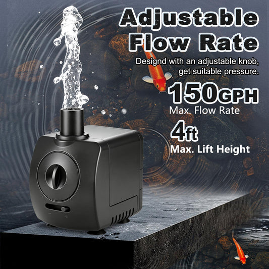 Small Submersible Water Pump 150GPH 4ft High Lift for Fountains Ultra Quiet with Over Heating Protection, Perfect for Hydroponics, Small Pond, Aquariums & More