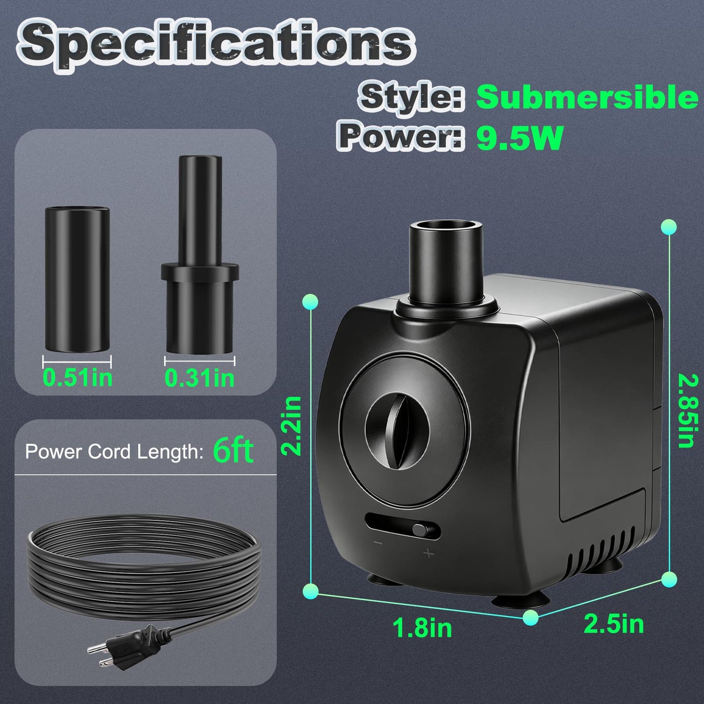 Small Submersible Water Pump 150GPH 4ft High Lift for Fountains Ultra Quiet with Over Heating Protection, Perfect for Hydroponics, Small Pond, Aquariums & More
